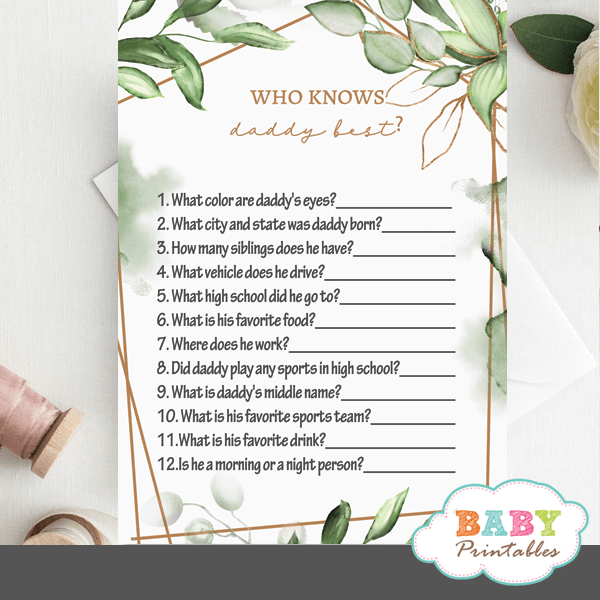 baby shower who knows mom best game Editable baby shower game template,BB005 Editable Greenery baby shower who knows mom best game card