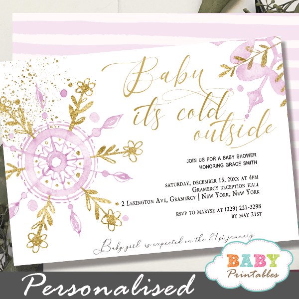 pink gold snowflake baby it's cold outside invites girl
