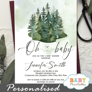 woodland pine trees baby shower invitations greenery forest gender neutral