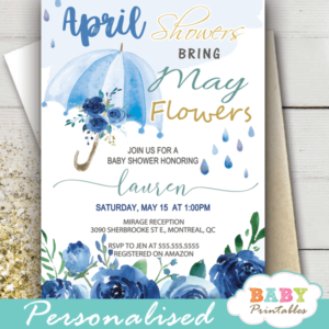 floral blue umbrella April Showers Bring May Flowers Invitations spring boy