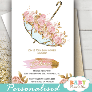 vintage pink gold floral baby shower invitations girl umbrella