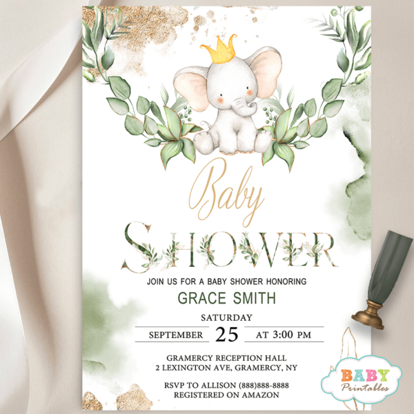 Gender Neutral Greenery Elephant Baby Shower Invites