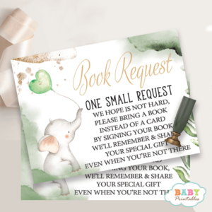 Gender Neutral Greenery Elephant book request cards for baby