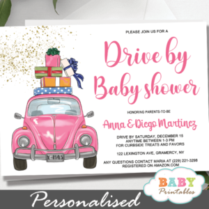 Pink Beetle car Drive By Baby Shower Invitations girl