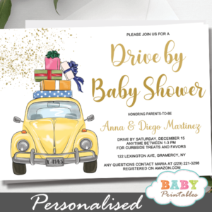 yellow Beetle car Drive By Baby Shower Invitations gender neutral
