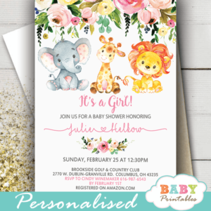 pink jungle animals baby shower invitations watercolor floral spring bouquet girl
