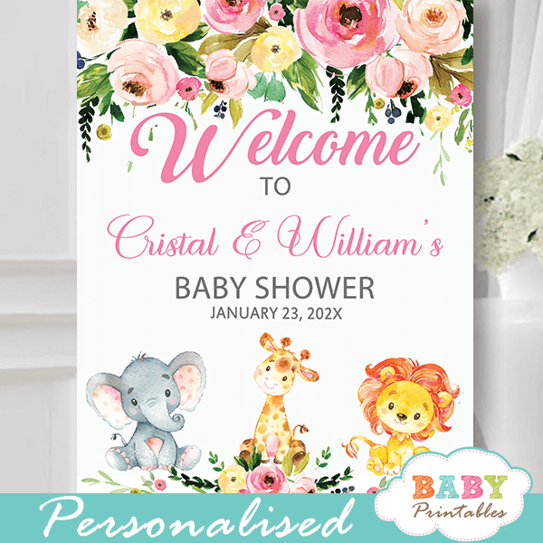 pink girl safari jungle animals baby shower welcome sign floral watercolor elephant giraffe lion