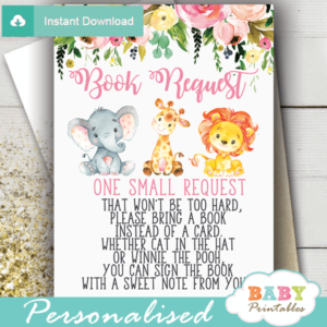 pink jungle animals book request cards lion giraffe elephant watercolor floral girl