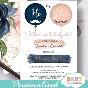 he or she Gender Reveal Lashes or Stashes Invitations, Blush Navy Balloons