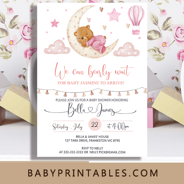 Pink Nursery Twinkle Little Star Teddy Bear Baby Shower Invites