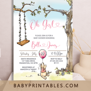 Classic Winnie The Pooh Baby Shower Invites, pink balloon girl