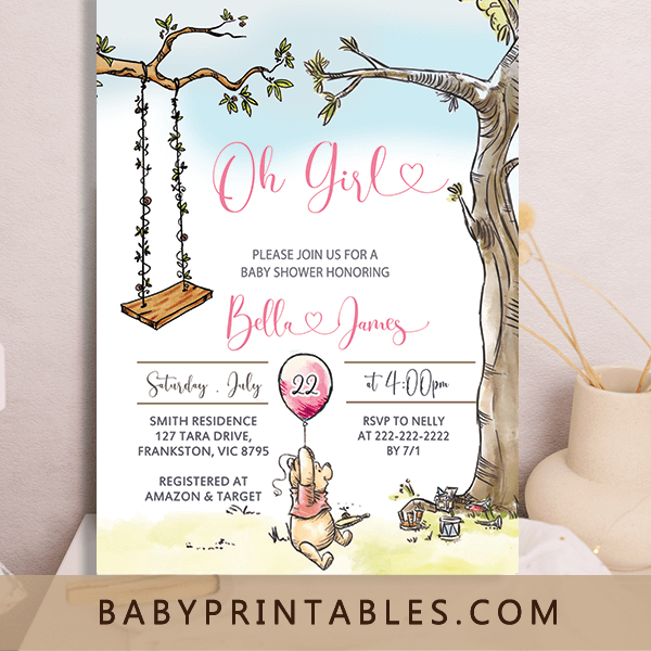 Classic Winnie The Pooh Baby Shower Invites, pink balloon girl