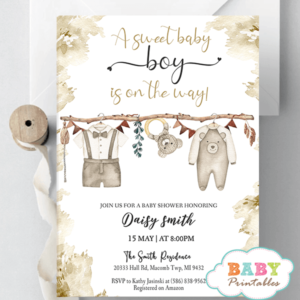 Boho Clothesline Nursery Boy Baby Shower Invitations bear