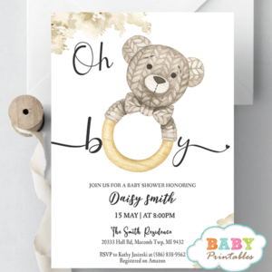 Crocheted Bear Oh Boy Baby Shower Invitations teething ring toy