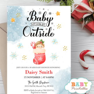 Christmas Baby in Sock Baby It's Cold Outside Invitations winter holiday theme