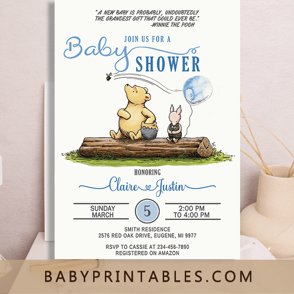 Boy Winnie The Pooh Baby Shower Invites blue