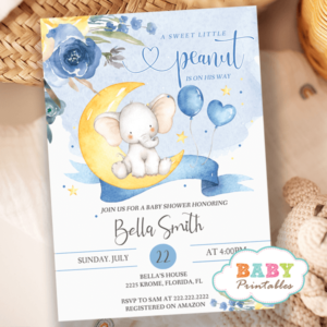 Floral Blue To The Moon and Back Elephant Baby Shower Invites