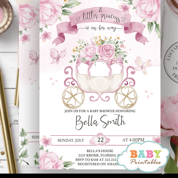 Floral Carriage Pink Princess Baby Shower Invites royal coach girl
