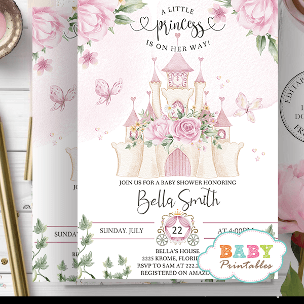 Floral Castle Pink Princess Baby Shower Invites girl theme ideas