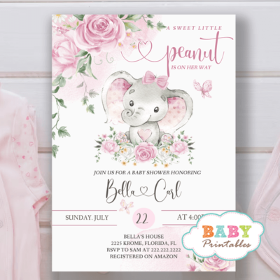 Floral Pink Girl Elephant Baby Shower Invites - D422 - Baby Printables