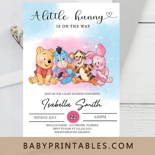 Cute Baby Winnie The Pooh and Friends Baby Shower Invites – D608 - Baby Printables