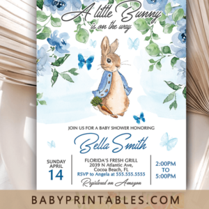peter rabbit Blue Floral Spring Bunny Baby Shower Invitation