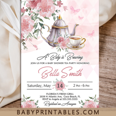 Elegant Pink Floral Tea Party Baby Shower Invitations girl