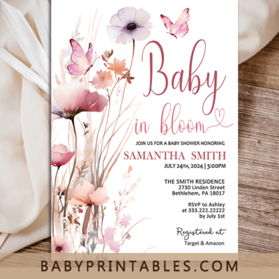 Baby in Bloom Invitations Pink Blush Wildflowers – D620 - Baby Printables