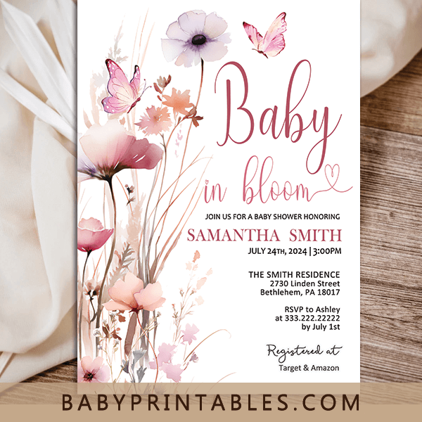 Baby in Bloom Invitations Pink Blush Wildflowers