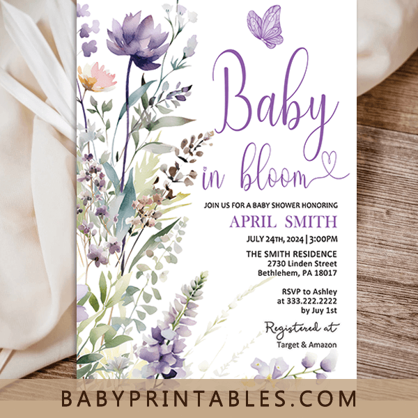 Baby in Bloom Invitations Purple Wildflowers baby shower