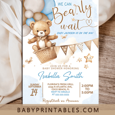 Baby Shower Hot Air Balloon Teddy Bear Invitation