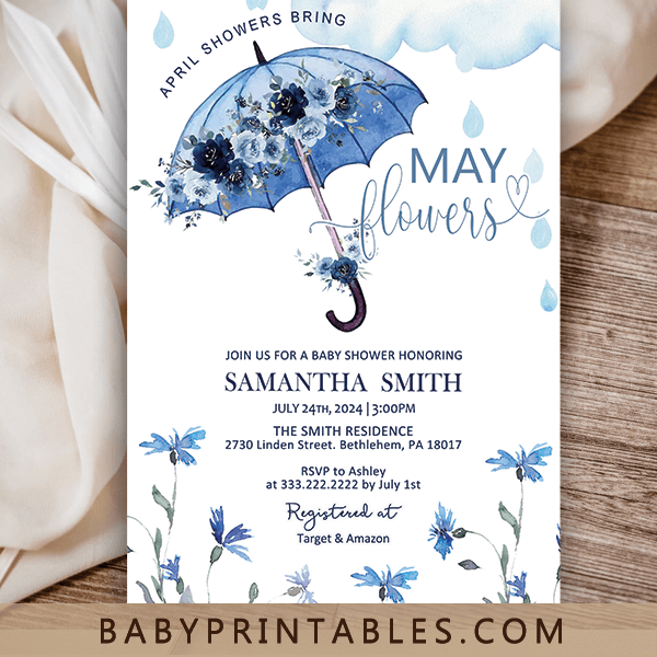 Blue Floral Umbrella April Showers Bring May Flowers Invitations spring theme boy