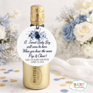 baby shower bottle tag boy mini champagne baby shower favors blue floral baby shower decor pop and cheer baby shower baby boy printable favors