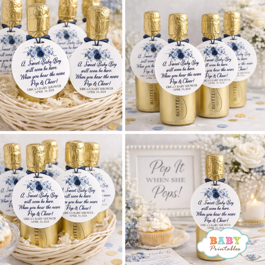 Baby shower favors Mini champagne / prosecco bottles Gender reveal parties Elegant boy baby shower themes