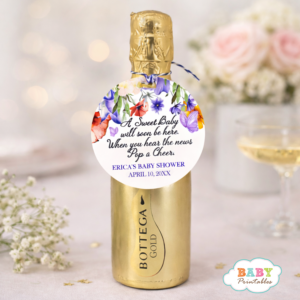 Purple Floral Baby Shower Favor Tag, Ready to Pop Bottle Tag, Lavender Baby Shower Decor, Botanical Baby Shower Favor, Printable Champagne Tag