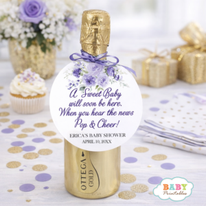 Purple Floral Baby Shower Favor Tag, Ready to Pop Bottle Tag, Lavender Baby Shower Decor, Botanical Baby Shower Favor, Printable Champagne Tag