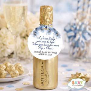 ready to pop baby shower champagne bottle tag baby shower bottle label blue floral baby shower mini bottle favor tag baby shower printable favor boy shower decorations