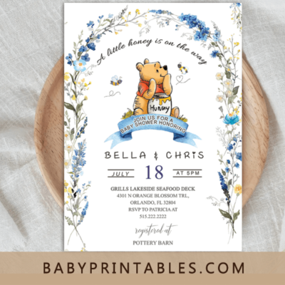 Classic Winnie the pooh Blue Wreath Baby Shower Invite