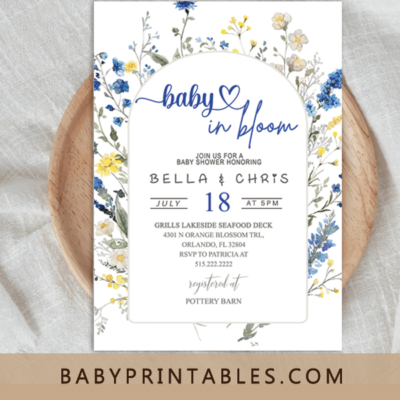 Dusty Blue And Yellow Wildflower baby shower invitation