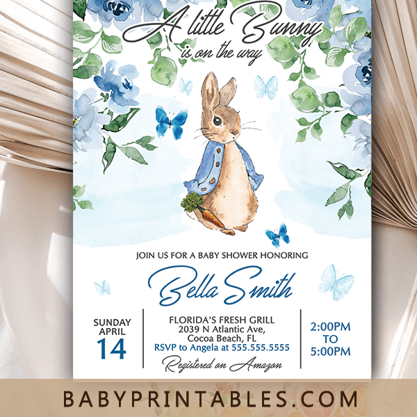 Peter bunny woodland butterfly floral baby shower invitation