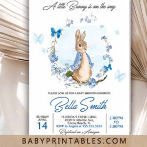 Peter Bunny butterfly with wreath blue baby shower invitation