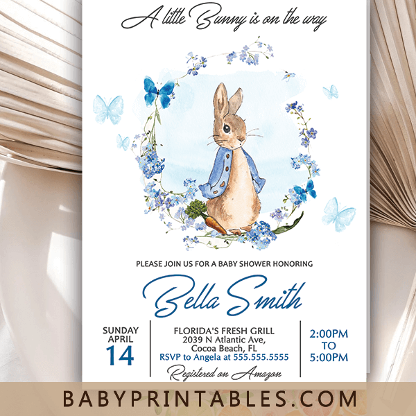 Peter Bunny butterfly with wreath blue baby shower invitation