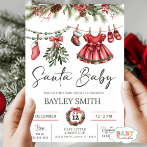 Winter Holidays Girl's Christmas Baby Shower Invitation Clothesline – D701