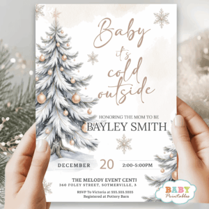 winter baby shower • neutral baby shower invite • white Christmas tree invitation • snowflake baby shower • holiday baby shower décor • elegant winter theme