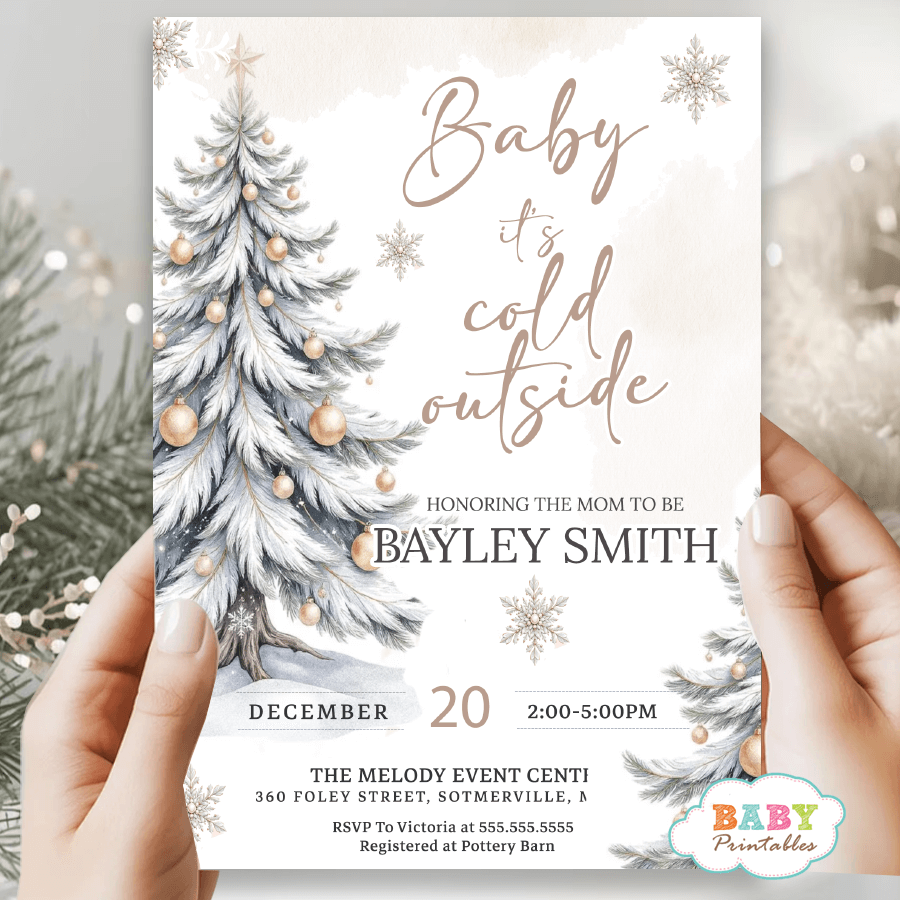 winter baby shower • neutral baby shower invite • white Christmas tree invitation • snowflake baby shower • holiday baby shower décor • elegant winter theme