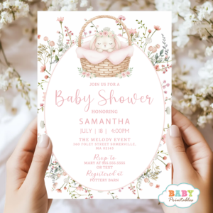 Floral Bunny Baby Shower Invitation Girl, Editable Pink Wildflower Garden Baby Shower Invite, Printable Rabbit Baby Shower Template