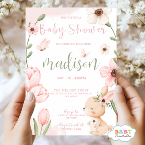 Floral Bunny Baby Shower Invitation Girl, Editable Pink Wildflower Garden Baby Shower Invite, Printable Rabbit Baby Shower Template