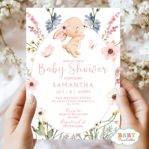 Floral Bunny Baby Shower Invitation Girl, Editable Pink Wildflower Garden Baby Shower Invite, Printable Rabbit Baby Shower Template
