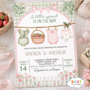 Baby Shower Invitation Garden Theme, A Little Sprout Is On The Way, Spring Baby Shower Invite, Floral Farm Baby Shower Printable, Pink Green Girl Invite