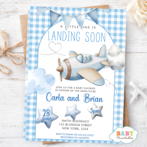 airplane baby shower, boy baby shower invite, landing soon invite, blue baby shower, gingham baby shower, vintage airplane invite, baby boy invitation, printable baby invite, travel theme baby, baby shower card, little one landing, airplane party invite, baby shower template